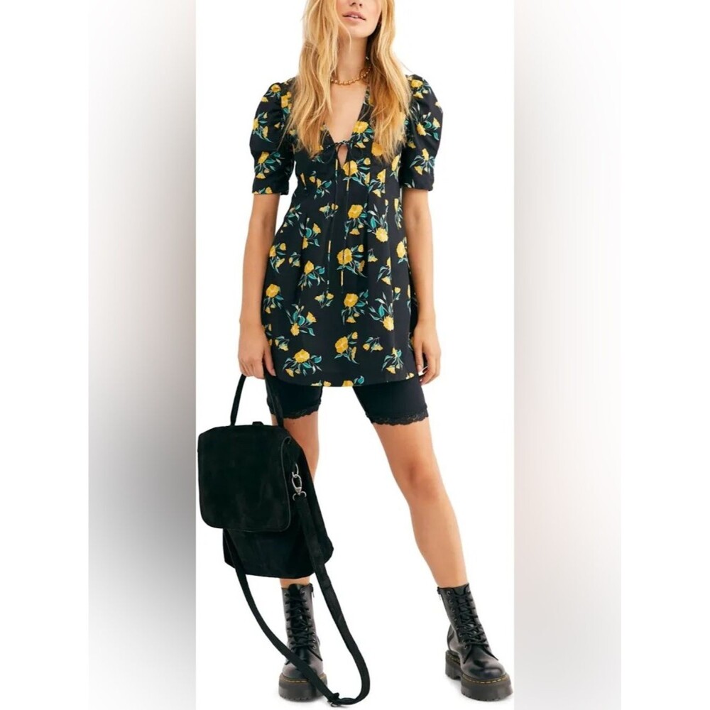 Free People Black Mini Dress with Yellow Floral Print